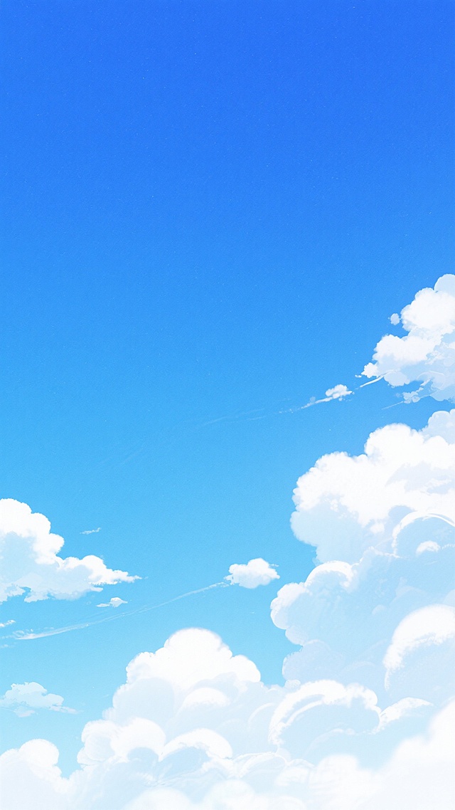 高清动漫风格蓝天背景，画面整体呈现明亮通透的视觉效果，上方是纯净的宝蓝色天空，由上至下颜色逐渐过渡为轻盈的浅蓝，右下角、中部及底部点缀着形态各异的蓬松白云，云朵边缘柔和虚化，呈现出棉花糖般的质感，整体氛围清新治愈，充满宁静美好的夏日气息。