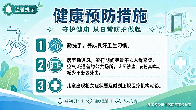 将右下角的"二维码占位"方块去掉，替换为文字"鄂尔多斯市中医医院宣传科宣"，字体与整体海报风格协调，字号适中，放在右下角位置。其余画面内容、布局、配色、三条预防措施文字、标题、装饰元素等全部保持不变。