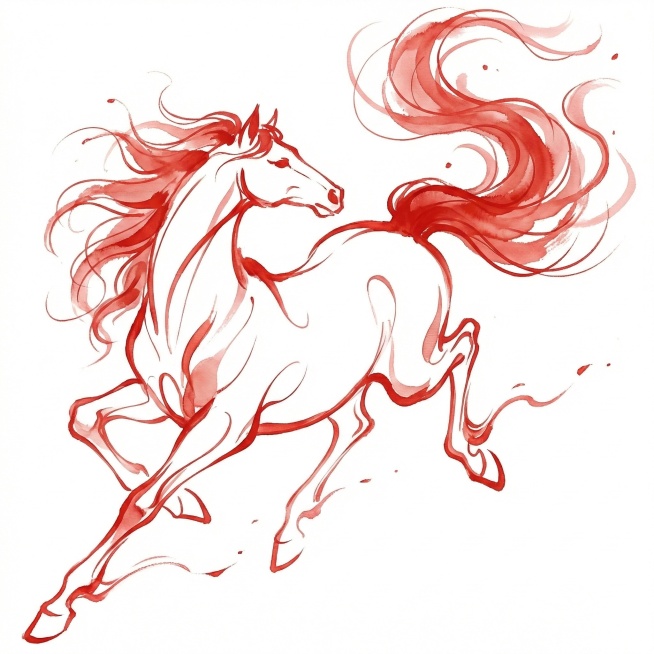 「图片1」生成线条飘逸流动、轮廓保留细节不用过多刻画的红色水墨马预览效果
