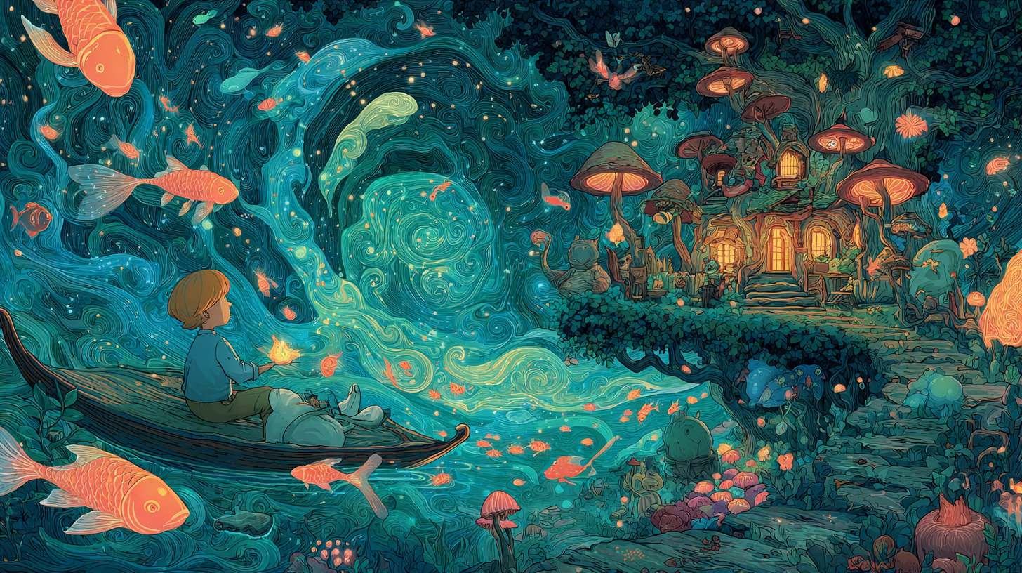 Whimsical night scene: a child… - 图片创意预览