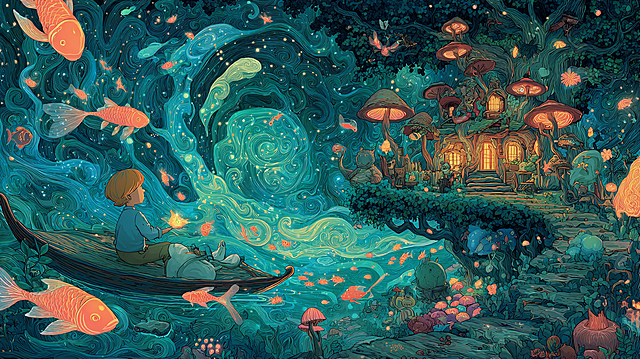 Whimsical night scene: a child in pajamas on a leaf-boat follows a swirling galaxy of bioluminescent fish and transparent, organ-glowing dream fish. The path leads to a floating treehouse with mushroom lamps, a snail-shell chimney, and glowing vines, surrounded by friendly nocturnal creatures. Studio Ghibli style, magical realism, hyper-detailed, serene and awe-inspiring.