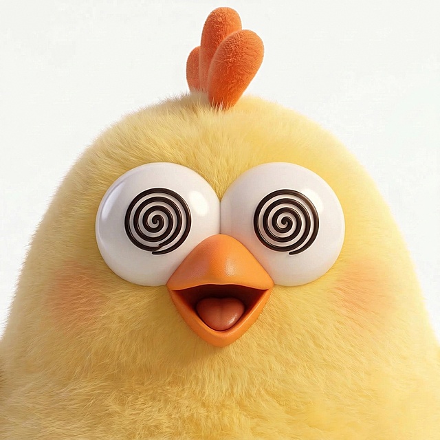 修改这张小黄鸡脸部特写，只保持瞳孔为蚊香形状，移除头部周围额外的螺旋和星星装饰，恢复其他部分正常效果，保留3D写实与卡通融合风格和Q版比例