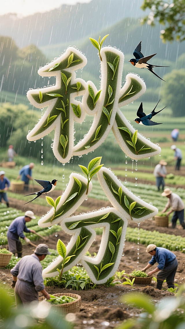 主体为一个由细雨、嫩芽、燕子、茶叶、农耕场景等元素点缀的立体艺术汉字“秋分”，背景农耕场景