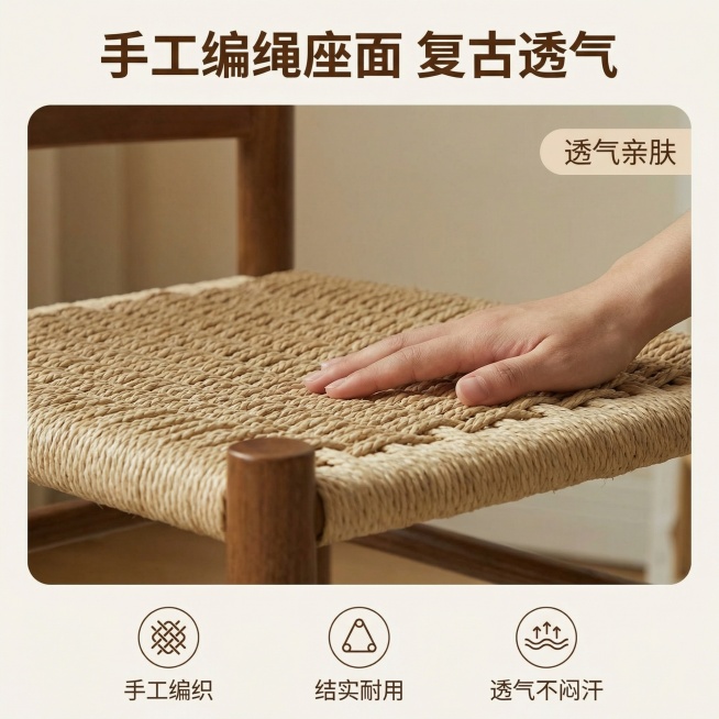 [主图 3] 复古编绳座面材质细节特写
[氛围/风格] 温馨质感风格，暖调自然光，突出材质纹理。
[画面元素] 保持椅子整体风格与原图一致，全屏特写展示复古编绳座面，保留部分实木椅腿结构，一只手轻轻放预览效果