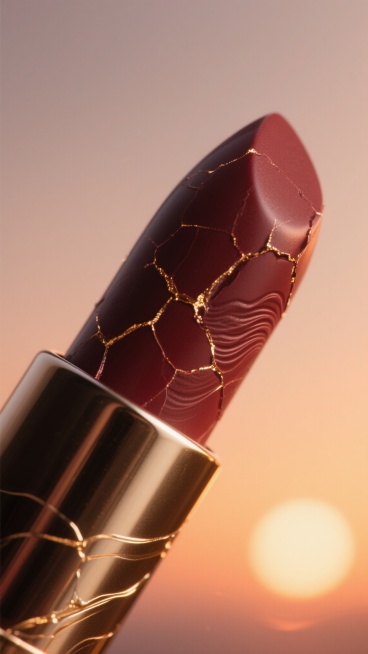 超高清质感的哑光口红膏体特写，呈现出深邃饱满的暗红色调，膏体表面有自然的、不规则的、富有张力的纹理和裂痕，边缘带有轻微的光泽感，整体质感细腻而高级。背景融入柔和的日出暖橙色光晕，光线从一侧温柔洒落，在膏体表面形成微妙的光影渐变，增添温暖而神秘的氛围。水纹元素以细腻的波纹形态自然地融入膏体纹理的间隙中，如同液体流动的痕迹，与哑光质地形成对比又和谐统一。少量精致的金丝元素如同纤细的光线，巧妙地穿插……预览效果