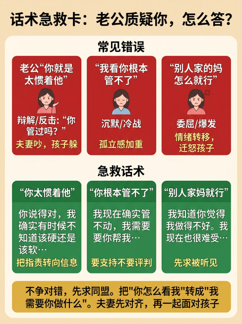 一张家庭教育实用急救卡片，扁平化矢量风格，温暖的奶油色背景。主标题为：“话术急救卡：老公质疑你，怎么答？”。版面上下分为两部分，用柔和线条隔开。上半部分是“常见错误”，由三个红色卡片组成，每张卡片内容预览效果