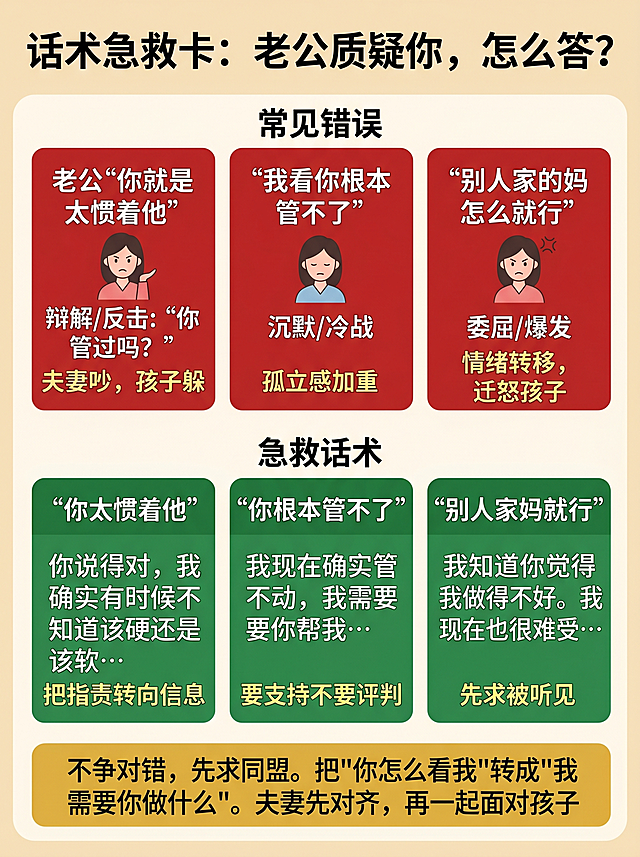 一张家庭教育实用急救卡片，扁平化矢量风格，温暖的奶油色背景。主标题为：“话术急救卡：老公质疑你，怎么答？”。版面上下分为两部分，用柔和线条隔开。上半部分是“常见错误”，由三个红色卡片组成，每张卡片内容：1.老公的话“你就是太惯着他”，配防御性妻子图标，旁边写：辩解/反击:“你管过吗？”，结果“夫妻吵，孩子躲”。2.老公的话“我看你根本管不了”，配沉默妻子图标，旁边写：沉默/冷战，结果“孤立感加重”。3.老公的话“别人家的妈怎么就行”，配愤怒妻子图标，旁边写：委屈/爆发，结果“情绪转移，迁怒孩子”。下半部分是“急救话术”，由三个绿色卡片组成：1.回应“你太惯着他”配话术“你说得对，我确实有时候不知道该硬还是该软…”，标注关键动作“把指责转向信息”。2.回应“你根本管不了”配话术“我现在确实管不动，我需要你帮我…”，标注关键动作“要支持不要评判”。3.回应“别人家妈就行”配话术“我知道你觉得我做得不好。我现在也很难受…”，标注关键动作“先求被听见”。最下方是金色横条，写着核心原则：“不争对错，先求同盟。把'你怎么看我'转成'我需要你做什么'。夫妻先对齐，再一起面对孩子”。高清，所有文字清晰可读，排版整齐，适合做课件插图。