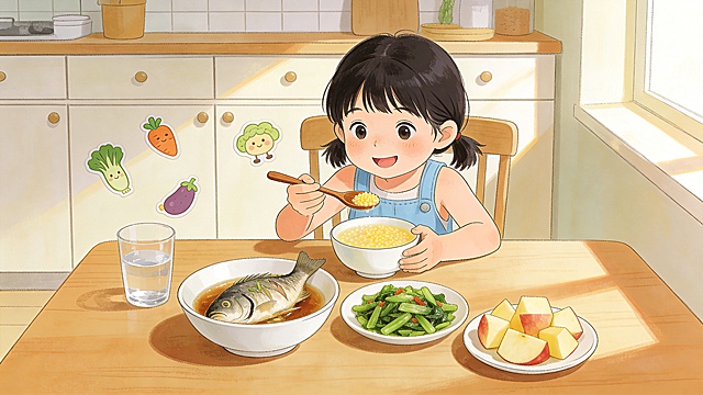 儿童健康饮食习惯主题手绘插画，展示孩子享用清淡健康餐食的场景，体现少吃油炸食品少喝含糖饮料的健康观念，手绘插画风格，温馨活泼，画面无任何文字