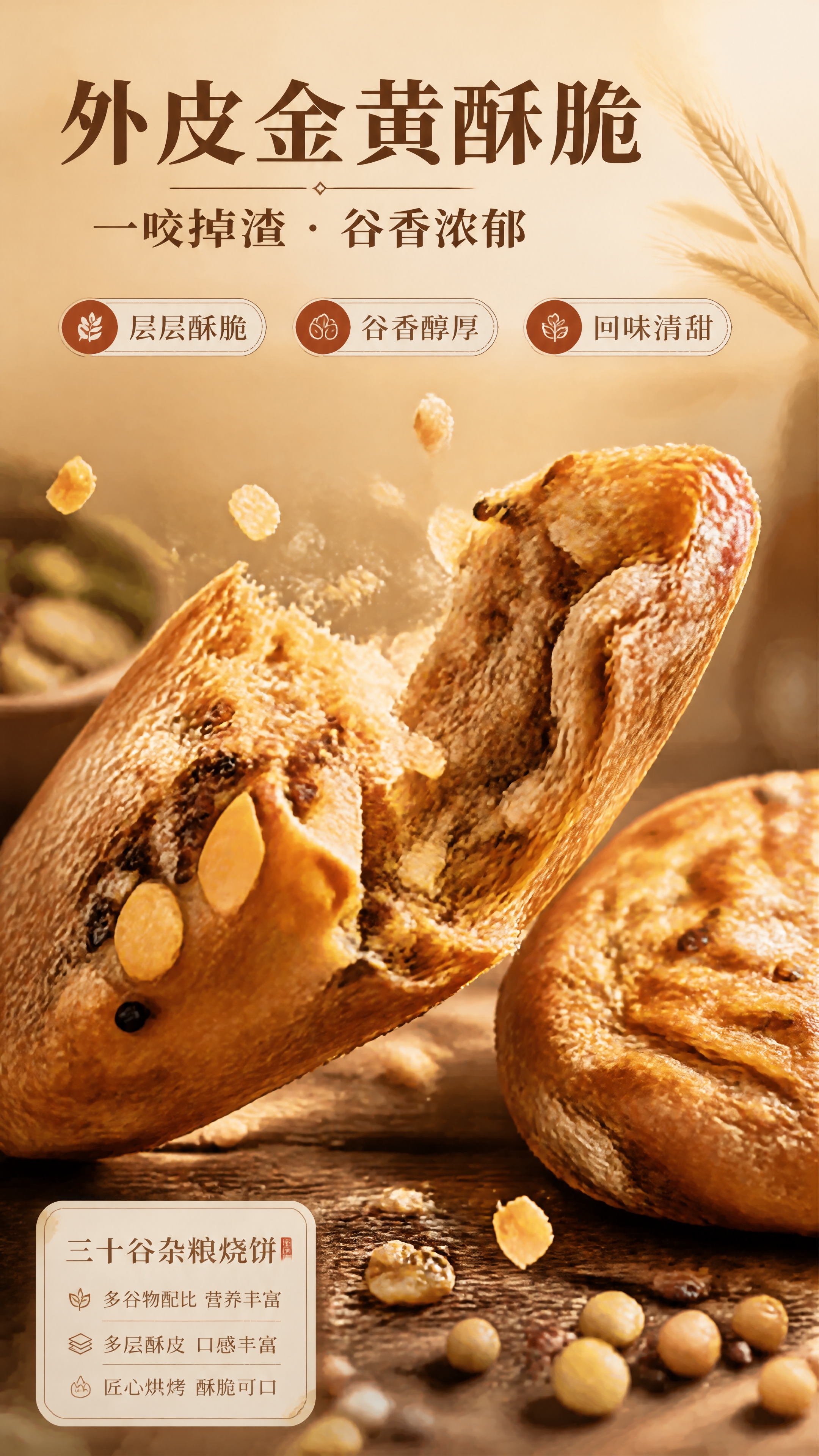 [商品] 三十谷杂粮烧饼，外皮金黄酥脆，内部多层谷物结构，掰开… - 图片创意预览