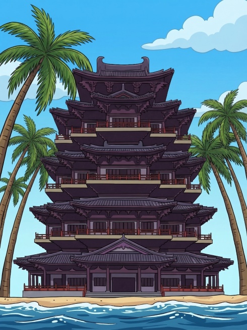 在卡通插画风格的古建筑楼旁边添加椰子树和海水元素，保持整体卡通风格统一，图片边缘不要出现不完整的图形预览效果
