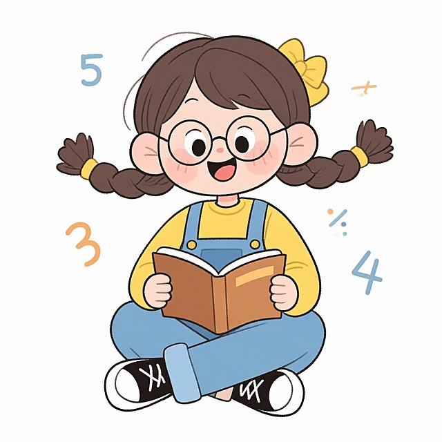 画面中心是个活泼可爱的小女孩：她梳着双麻花辫，扎着黄色发饰，戴着圆框眼镜，穿黄色上衣和蓝色背带裤，睁着圆溜溜的大眼睛、张着嘴，露出开心的表情，脚踩黑白色休闲鞋，盘腿坐着，手里还捧着本棕色小书专注阅读～纯白色背景，周围还飘着 5、3、4 这些数字和小符号，整体氛围特别轻快，一看就是和数学学习相关的童趣画面～，纯白色背景