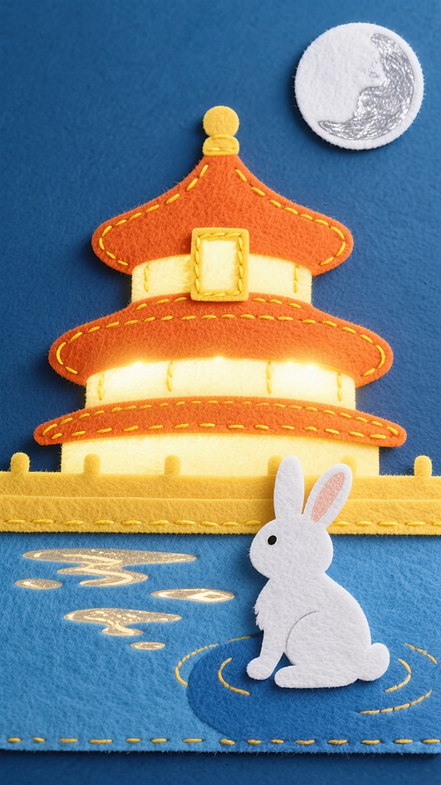 中式建筑与玉兔共赏明月，布艺拼贴呈现梦幻温馨的中秋夜景，插画风融合面料质感，传递传统节日温情。