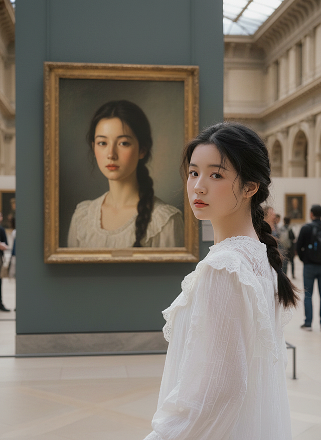 油画风肖像与现实少女呼应，古典宫廷艺术氛围浓厚，文艺优雅交织，仿佛穿越时空的对话。