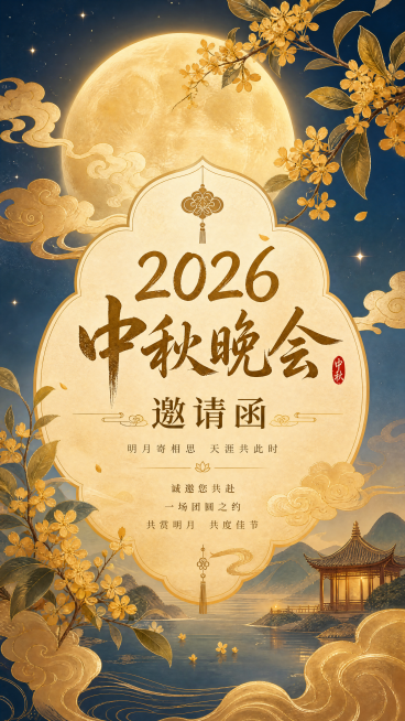 设计一张2026中秋晚会邀请函，国风典雅风格，画面有圆月、祥云和桂花元素，中心位置显著显示文字"2026中秋晚会邀请函"，整体色调温暖高级预览效果