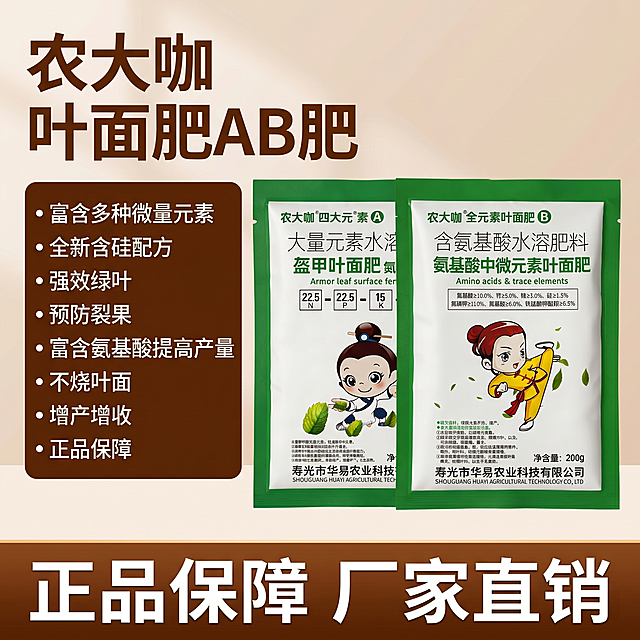 [主图 1] 农大咖叶面肥AB肥首图，左文右图经典版式，参考图一风格。
[氛围风格] 大字直白，清晰突出产品卖点，拼多多平台性价比风格；
[画质] 商业摄影质感、光线柔和通透、产品清晰真实、画面干净高级。
[元素] 农大咖AB肥两袋产品（A肥和B肥）摆放在画面右侧居中位置，商品主体占比约70%；产品左侧留出文案区域，整体画面满屏无边框。保持产品外观、包装配色、卡通图案与输入产品图绝对一致，杜绝任何变形和色差，精细化处理。背景为浅棕米色渐变，干净简洁。
[光影] 正面柔光，均匀照亮产品和文案区域，轮廓清晰，阴影柔和，整体通透不灰蒙。
[配色] 主色调棕色、米白，参考图一配色方案，文字使用深棕色，背景浅米色。
[视角构图] 平视角度，景深适中，产品完整不裁切，左文右图结构清晰，层次分明。
[文字版式] 左上角品牌大字，居中偏左摆放主标题，下方用深棕色块列出核心卖点，白色文字左对齐：农大咖叶面肥AB肥，富含多种微量元素，全新含硅配方，强效绿叶，预防裂果，富含氨基酸提高产量，不烧叶面，增产增收，正品保障。大字主文案使用最大号粗体无衬线，卖点文字缩小一半，文字与背景对比强烈，清晰易读，不遮挡产品主体。底部通栏棕色块放置正品保障 厂家直销白色文字。
[比例分辨率] 1:1 比例，2048x2048 2k分辨率；文字清晰可辨，超高清。
[负向提示词] 变形，水印，文字错乱，产品图模糊，背景杂乱，遮挡主体，配色刺眼