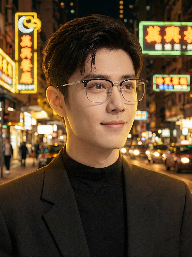 将背景替换为夜晚城市霓虹街道场景，暖黄色灯光点缀，人物保持不变，自然融入夜景氛围，整体画面有质感