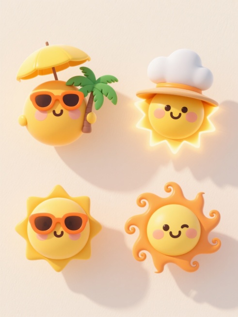 3D卡通风格，四个不同样式、不同造型风格的太阳元素，上下两行对齐排列，浅色背景。每个太阳都有拟人化的可爱表情和独特装饰，如戴着橙色墨镜手持黄色遮阳伞和绿色棕榈叶的太阳、戴着云朵形状帽子的太阳、带着微笑表情并散发柔和光芒的太阳、以及有着卷曲光芒和俏皮表情的太阳。整体采用明亮欢快的色彩，圆润的造型，细腻的3D质感，柔和的光影效果，温暖活泼的氛围，可爱治愈的设计风格。预览效果