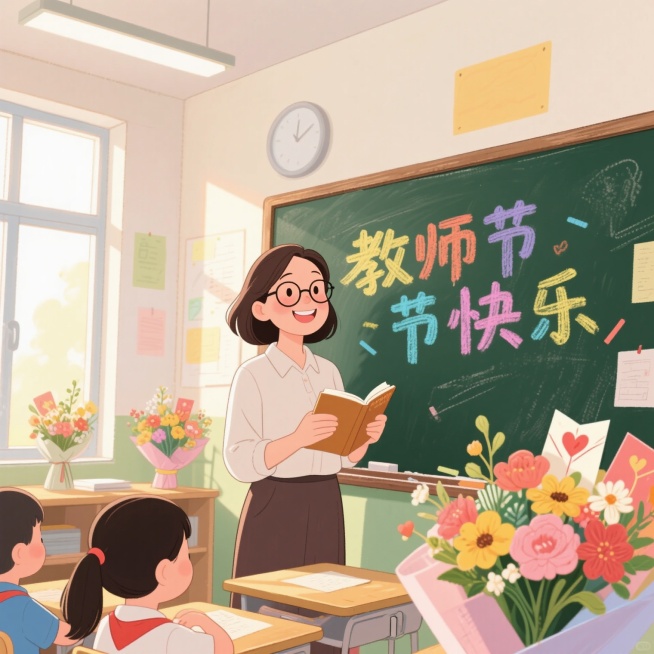 教师节主题插画，画面中有一位戴着眼镜、面带微笑的女教师，手持书本站在教室黑板前，黑板上用彩色粉笔写着“教师节快乐”，周围有学生赠送的鲜花和贺卡，阳光透过窗户洒进教室，整体氛围温馨明亮，色彩柔和预览效果