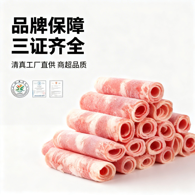 [主图 2] 
[主图主题] 东辉清源肥牛卷品质保障主图
[氛围/风格] 干净专业，信任背书，商超品质感
[画面元素] 肥牛卷主体放在画面中心偏右，背景为干净浅灰色，保留产品纹理细节，左侧搭配三证资质预览效果