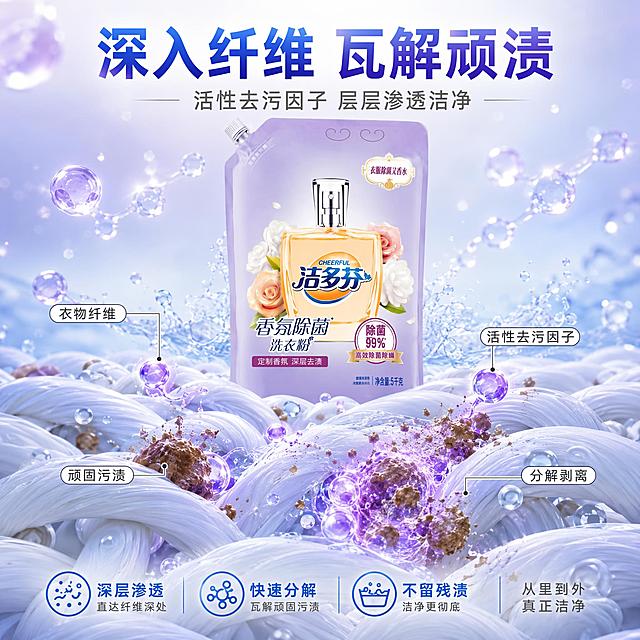 [主图-17] 洁多芬香氛除菌洗衣粉深层渗透纤维去污机理图，微观洁净科技展示。
[氛围风格] 轻科技洁净感，蓝紫微观视角，纤维与去污因子可视化，专业可信。
[画质] 商业摄影质感、微观细节精致清晰、光线通透有科技感、画面专业高级。
[元素] 画面中央偏上为洁多芬洗衣粉袋装产品；下方是放大的衣物纤维微观结构示意，白色纤维纵横交错，纤维缝隙中嵌着棕色的顽固污渍颗粒；紫色的活性去污因子正从四周向污渍渗透包围，将污渍分解成细小颗粒并从纤维上剥离；周围有透明的水分子和气泡，营造水溶液环境；背景为淡蓝紫渐变的微观空间感，有柔和的光晕和粒子效果；保持洁多芬洗衣粉袋装产品外观与输入产品图完全一致，杜绝变形色差；商品主体占比约40%。
[光影] 柔和顶光照射，纤维结构有立体感，去污因子有发光效果，整体通透有科技感，明暗层次丰富。
[配色] 主色调淡蓝色+淡紫色；辅助色白色、深紫、污渍棕、活性因子发光紫；专业科技洁净配色。
[视角构图] 平视角度，上产品下机理的上下构图，视觉重心在下方微观去污过程，专业感强。
[文字版式] 顶部大标题“深入纤维 瓦解顽渍”蓝紫色超大号粗体，居中；副标题“活性去污因子 层层渗透洁净”灰色中号；微观区域旁有引线标注：「衣物纤维」「顽固污渍」「活性去污因子」「分解剥离」，白色小字带深色描边；底部三列小卖点横向排列：「深层渗透」「快速分解」「不留残渍」，蓝色图标配文字；右下角“从里到外 真正洁净”深灰色小字；所有文字清晰专业，不遮挡产品。
[输出要求] 1:1比例，文字清晰锐利，超高清商业摄影质感。
[负向提示词] 变形，文字错乱，产品图模糊，背景杂乱，水印，电商平台Logo，多余的手，畸形手，人物面部。