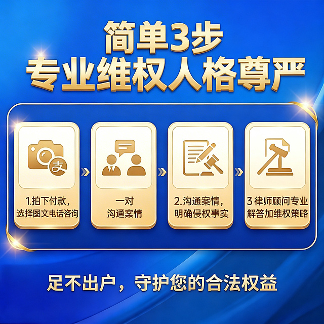 沿用参考图排版风格，调整为三步布局，替换文字内容：主标题“简单3步 专业维权人格尊严”，三个步骤分别是：1拍下付款，选择图文电话咨询；2一对 沟通案情，明确侵权事实；3律师顾问专业解答加维权策略；底部副标题“足不出户，守护您的合法权益”。保持蓝色渐变背景、金色文字边框设计风格不变，保留原图标占位布局。