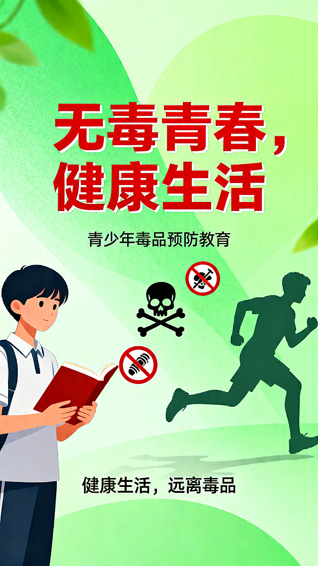 禁毒公益宣传海报，主题宣传青少年毒品预防教育，倡导健康生活远离毒品，设计风格积极正向，排版正式醒目，加入宣传语"无毒青春，健康生活"