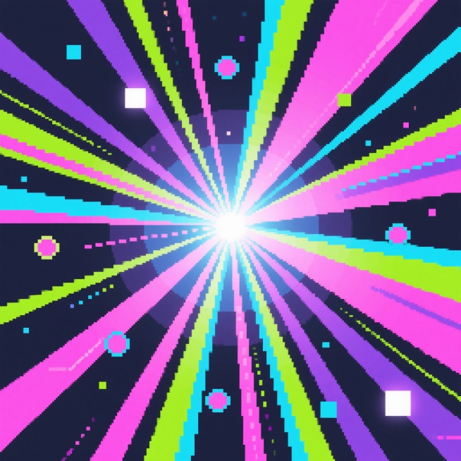 赛博朋克配色，深色背景，放射状粗细不一的像素线条模拟镭射光束，从画面中心向四周发散，线条末端有像素化渐变和光斑效果，霓虹粉、电子蓝、镭射紫、荧光绿高饱和色调预览效果