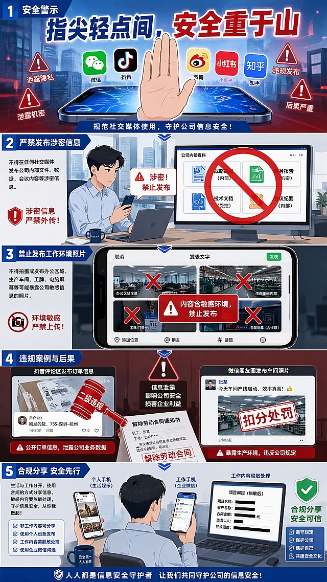Information security awareness comic poster about social media usage guidelines, 9:16 vertical long format, single page with 5 sections stacked vertically. Blue and white internet flat illustration style, corporate internal propaganda comic style, modern office environment background, dense information but clear hierarchy, high quality rendering, Chinese text, dialogue bubbles and warning icons, 4K resolution.

---SECTION 1 (TOP - MAIN VISUAL):
A large hand making a firm stop gesture in front of a smartphone screen. Floating above the phone are social media app icons: WeChat, Douyin, Weibo, Xiaohongshu, Zhihu. Red warning signs around. Background shows blurred silhouette of office buildings. Red and blue main tones with strong visual impact. Large bold slogan at top: "指尖轻点间，安全重于山". Tense warning atmosphere, digital illustration style.

---SECTION 2 (PROHIBITED POSTING):
An office worker sitting at desk with phone and laptop. Computer screen shows thumbnails of strategy documents, financial reports, technical docs, and meeting minutes. A giant red circular prohibition symbol covers the screen. Phone pops up red warning dialog box with Chinese text "涉密！禁止发布". Worker has serious expression. Office background. Warning style.

---SECTION 3 (NO WORK ENVIRONMENT PHOTOS):
Vertical phone screen showing social media post editing interface. Four thumbnail photos arranged: office panorama, factory workshop interior, employee ID badge/access card, computer screen with code. Each photo has a big red X mark over it. Red warning box in center of screen with Chinese text "内容含敏感环境，禁止发布". Dark background highlighting the phone interface. Infographic style, clear and concise.

---SECTION 4 (VIOLATION CASES):
Left-right split comparison warning. Left side: Douyin comment section showing a shipping order photo being hit by a red warning hammer, labeled "二级违规". Right side: WeChat Moments showing workshop interior photo covered with a deduction warning sign, labeled "扣分处罚". At the bottom, shadow of an employment termination document. Dark red background, serious and solemn educational warning style.

---SECTION 5 (BOTTOM - COMPLIANCE):
An office worker at desk, left hand holding personal phone (lifestyle/entertainment screen), right hand holding company work phone (enterprise WeChat interface), two phones separated back-to-back. Computer screen on desk shows a document being desensitized with black redactions (hiding logos, data, names). Green safety checkmark on wall with Chinese text "合规分享". Blue and white main color, strong sense of order, flat business illustration style.

Overall layout: Five sections stacked vertically from top to bottom, separated by thin divider lines or subtle arrows. Blue and white corporate color scheme with red warning accents throughout. Consistent flat comic style. All text in Chinese characters. Professional quality, sharp details, vertical 9:16 format.