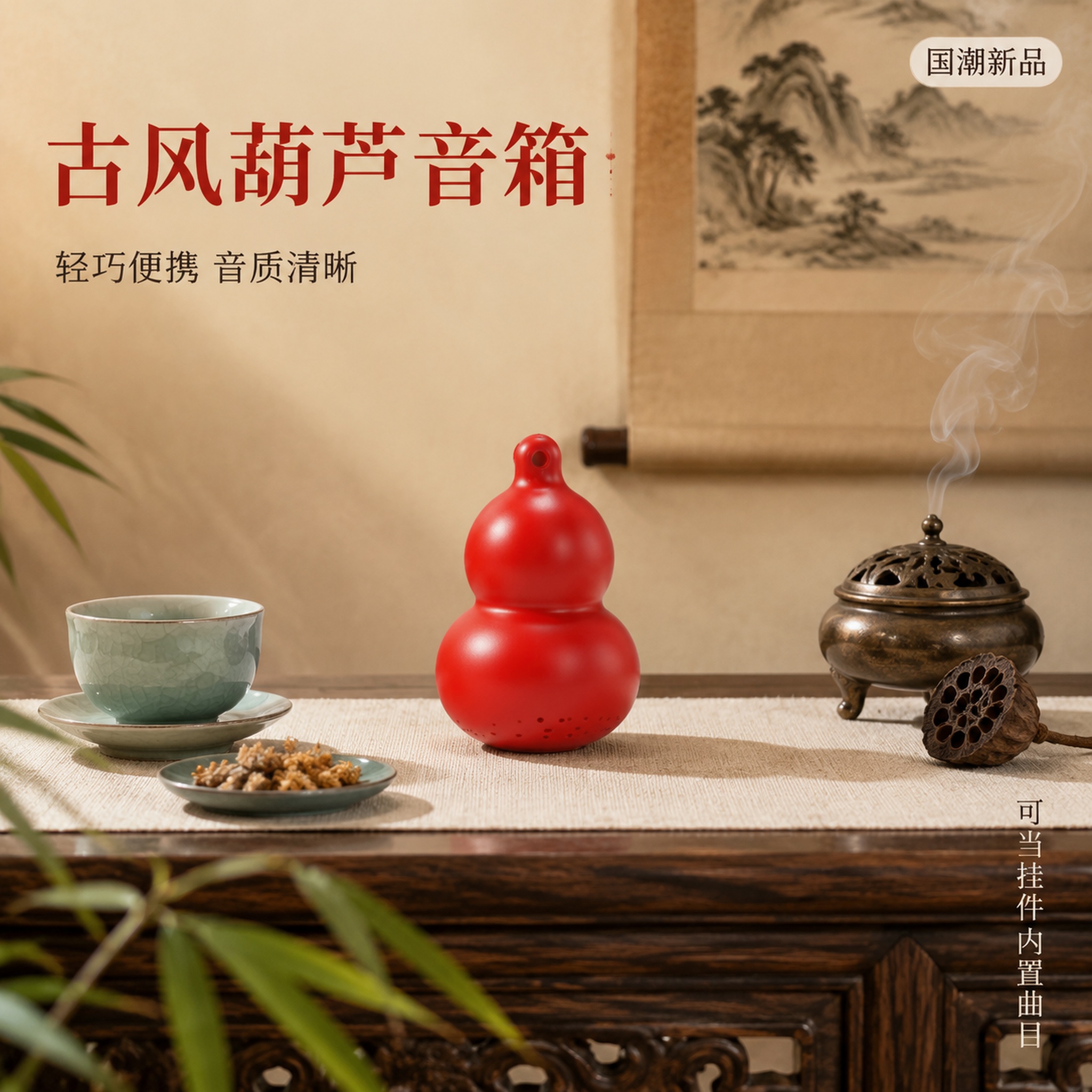 [主图-1] 古风葫芦蓝牙音箱首图，香案茶桌场景。 [氛围风格… - 图片创意预览