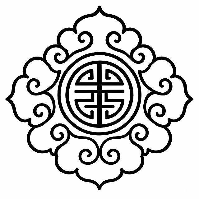 参考图中的中国传统团花纹样，中心为圆形寿字纹，外围环绕五瓣祥云卷草纹边饰，整体图案严格左右对称、上下对称，线条流畅圆润，适合烫金工艺的单色线稿图案，纯黑色线条，纯白色背景，无渐变无阴影，线条粗细均匀，中式传统吉祥纹样风格，精致细腻，适合烫金版制作