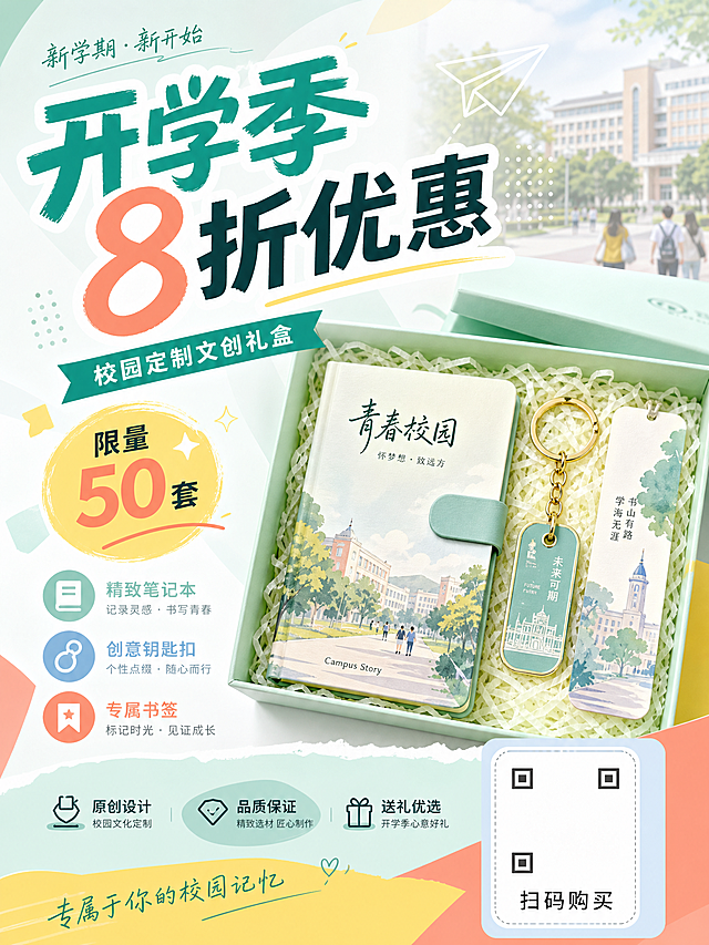 青春活力风格的校园定制文创礼盒促销海报，海报展示包含笔记本、钥匙扣、书签这些文创礼盒产品实物元素，海报带有促销文案"开学季8折优惠""限量50套"，预留了购买二维码占位区域，整体面向在校大学生，采用活力青春校园色调，设计简洁醒目，信息层级清晰，整体风格清新明亮