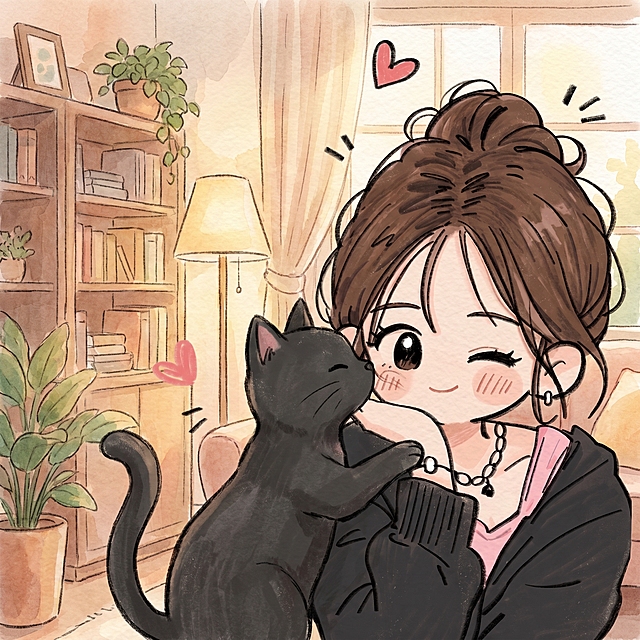完善构图适合做头像，在女生周围添加一只可爱的黑猫，替换成温馨的背景，保持原手绘风格，整体画风统一，增强手绘质感