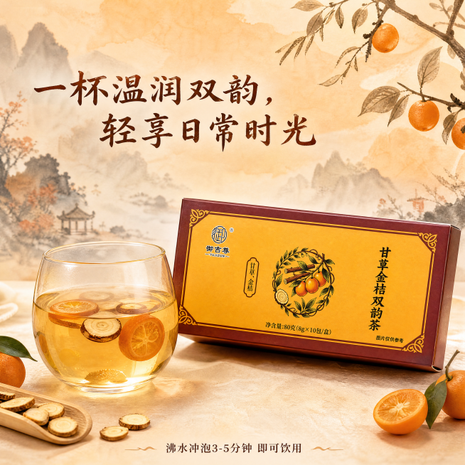 [主图-3] 御吉尊甘草金桔双韵茶冲泡场景主图。
[氛围风格] 水墨国风场景，暖光柔和，治愈中式下午茶氛围，雅致清新，中式养生茶饮调性。
[画质] 商业摄影质感、暖光柔和通透、产品清晰真实、画面干净高预览效果