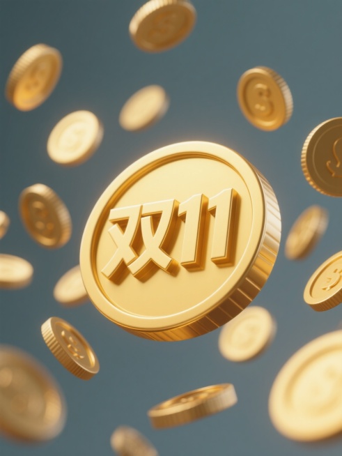 3D风格金币，主体为一枚较大的金色圆形金币，表面有立体凸起的“双11”字样，周围环绕多枚大小不一、带有动感模糊效果的金币，整体呈现悬浮散落状态，金币具有金属光泽和细腻的光影过渡，高光和阴影层次分明，背景为纯色，无其他元素干扰。预览效果