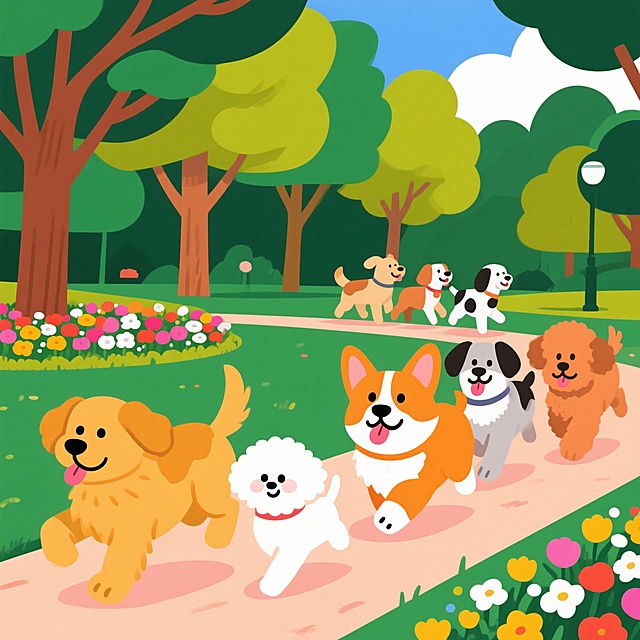 小狗们在公园里排队欢乐奔跑，它们有金毛、柯基、比熊、泰迪等不同品种，每只小狗都摇着尾巴，吐着舌头，眼神期待地看着前方。背景是绿树成荫的公园，有草坪和花坛。