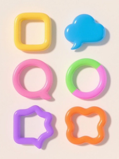 6个不同配色、不同造型、不同风格的3D气泡框素材，每个气泡框都具有圆润边角、光滑表面、明显的高光反射和柔和阴影，呈现出立体塑料质感，浅色背景，左右两行对齐排列，气泡框颜色包括黄色、蓝色、粉色、绿色、紫色、橙色等鲜艳色调，造型涵盖圆角矩形带小尾巴、云朵形、圆形、椭圆形、多边形、不规则有机形状等多种设计，整体风格保持统一的3D立体效果和简洁现代感，画面整洁，无文字、LOGO、电话地址及二维码等元素。预览效果