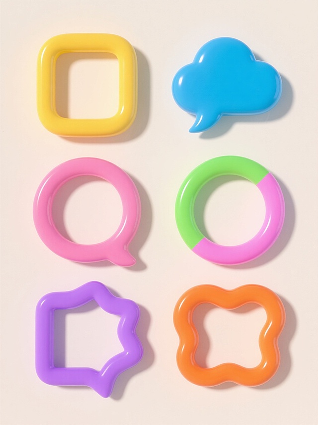 6个不同配色、不同造型、不同风格的3D气泡框素材，每个气泡框都具有圆润边角、光滑表面、明显的高光反射和柔和阴影，呈现出立体塑料质感，浅色背景，左右两行对齐排列，气泡框颜色包括黄色、蓝色、粉色、绿色、紫色、橙色等鲜艳色调，造型涵盖圆角矩形带小尾巴、云朵形、圆形、椭圆形、多边形、不规则有机形状等多种设计，整体风格保持统一的3D立体效果和简洁现代感，画面整洁，无文字、LOGO、电话地址及二维码等元素。