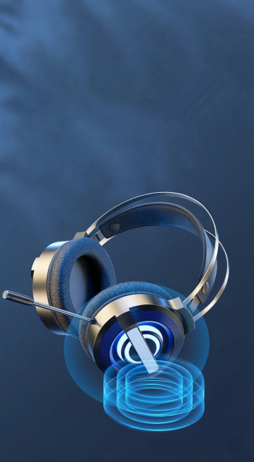 将图1场景中的耳机产品替换为图2的耳机产品，保留图1的深蓝色雾面背景和环绕光效，高清高质量，光影融合自然预览效果