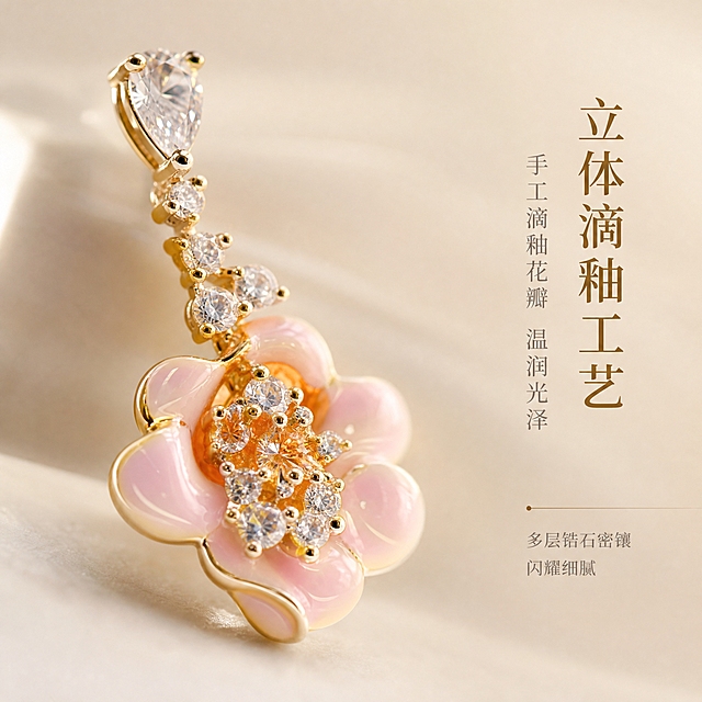 [主图-2] 法式花朵锆石流苏耳环 核心亮点 材质与工艺展示
[统一基调] 精致轻奢高级质感 柔光氛围 奶油米白背景 浅香槟金点缀 文艺衬线字体 标题字色深金棕 辅助字色暖灰 整体克制留白 珠宝商业摄影质感
[画面] 耳环花朵部分微距特写 聚焦花朵中心锆石镶嵌细节 粉色滴釉花瓣的釉面质感 金色金属包边工艺 流苏锆石排列 爪镶工艺清晰可见 背景虚化的奶油米白背景 左侧耳环主体 右侧留白处配简短说明文字 主体占比约60% 略微侧视角度 展示花瓣立体弧度
[光影质感] 柔光箱高光 窄条轮廓光勾勒金属边缘 锆石切面火彩清晰 滴釉表面细腻釉面光泽 底部柔和阴影 精修质感 无灰尘无划痕
[配色] 奶油米白背景 暖金色金属 淡粉滴釉 透明锆石 深金棕字 暖灰辅助字
[文字版式] 右侧竖排两行文字 主标题 立体滴釉工艺 副标题 手工滴釉花瓣 温润光泽 辅助文字 多层锆石密镶 闪耀细腻 字号有大小层级 文字不遮挡主体
[输出要求] 1:1比例 2048x2048 产品清晰 文字清晰 高级珠宝微距质感 负向 变形 错字 模糊 杂乱 水印 平台logo