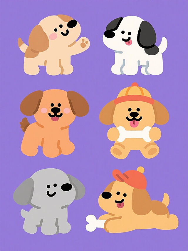 一套由六个不同造型的卡通小狗组成的系列素材集合，每个小狗都采用相同的扁平化手绘风格，线条简洁流畅，造型圆润可爱，面部表情生动活泼，纯色背景但整体色彩各不相同，每个小狗造型独特，有的摇尾巴，有的歪头，有的吐舌头，有的戴帽子，有的抱骨头，有的打滚，整齐规整地排布在画面中，形成一个和谐统一的系列设计。6只动作丰富的小狗，色彩明快，形象呆萌，充满童趣。