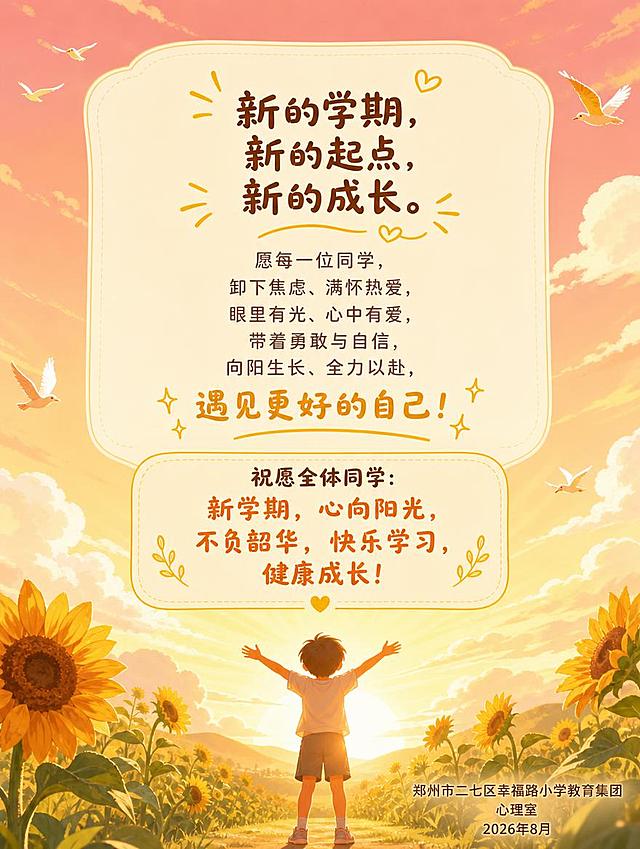 [画面] 目标：结尾祝福页，充满希望与力量。构图：上方大段祝福文字，下方是向阳生长的向日葵和小朋友张开双臂的剪影，背景是温暖的日出天空。阅读动线从上到下，情感升华收尾。
[视觉] 套系策略：风格=温馨治愈手绘插画风；标题字=圆润柔和手写体；正文字=简洁圆角无衬线体；主色=暖橙+米黄+浅绿；背景延展=橙粉渐变日出天空+金色阳光射线；强调色=金黄色，用于阳光和重点祝福语；标题色=深暖棕；正文色=中暖灰；组件=圆角祝福卡片、光芒线条、飞鸟装饰；光影=日出金色逆光，温暖充满希望。
[文字] 居中祝福主文案："新的学期，新的起点，新的成长。愿每一位同学，卸下焦虑、满怀热爱，眼里有光、心中有爱，带着勇敢与自信，向阳生长、全力以赴，遇见更好的自己！" 下方祝福语："祝愿全体同学：新学期，心向阳光，不负韶华，快乐学习，健康成长！" 右下角落款："郑州市二七区幸福路小学教育集团\n心理室\n2026年8月"。文字居中对齐，层次分明。
[规格] 竖版长图比例3:4，4K分辨率，避免冷色调、生硬字体、杂乱元素、错字。