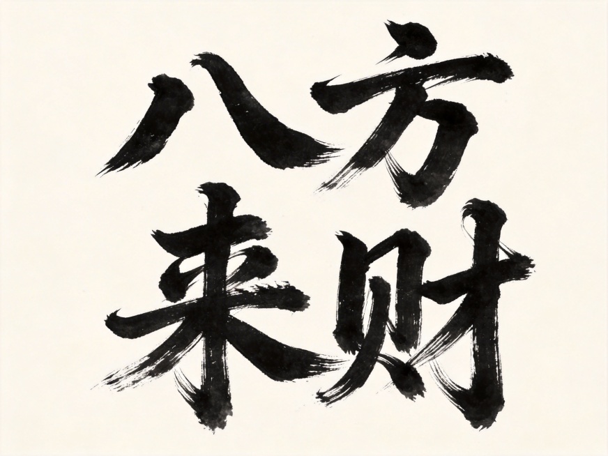 干净的纯米白色背景。平面艺术字体设计，四个字"八方来财"，毛笔书法手写风格，笔势行云流水一气呵成，飞白枯笔技法，笔画错落有致，墨色浓淡变化自然，水墨晕染仅保留在笔画边缘，整体笔力浑厚苍劲，结构紧凑舒展预览效果