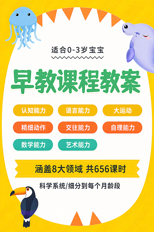 [第3屏] 详情页第三屏-早教课程教案核心卖点宣传。
[氛围/风格] 延续活泼可爱专业幼教风，明亮温馨，风格统一协调。
[元素布局] 本屏使用【图3】作为内容和版式参考，保留原图所有元素和文字信息，优化色彩和清晰度。顶部文字「适合0-3岁宝宝」，中心大标题「早教课程教案」，下方分三行排列八大能力领域标签，底部横幅标注「涵盖8大领域 共656课时」，两侧保留海洋动物装饰卡通。保持所有元素和文字内容和原图完全一致，整体画面饱满不拥挤。
[光影质感] 整体光线明亮柔和，色彩通透，卡通图案清晰，文字对比度高，阅读舒适。
[配色色系] 全局底色：#fcc02d亮黄色；主色：#50a140绿色+#f6ad55黄色+#dd6b44橙色+#38b2ac青绿色；风格和整套详情页统一，活泼明快适合幼儿产品。
[视角构图] 中心聚焦版式，元素围绕中心标题排版，卡通装饰放在角落不遮挡主体文字，留白合理。
[文字版式] 顶部小字「适合0-3岁宝宝」深灰居中；中心大字主标题「早教课程教案」绿色粗体，字号最大；八大能力领域分三行排列，每行三个圆角标签，不同领域用不同底色白字，清晰区分；底部黄色横幅深色大字标注核心信息。文字清晰，移动端易读。
[比例分辨率] 2:3 竖版比例，4K分辨率，文字清晰可辨，超高清。
[负向提示词] 变形，水印，文字错乱，缺字错字，内容缺失，背景杂乱，违规表达。