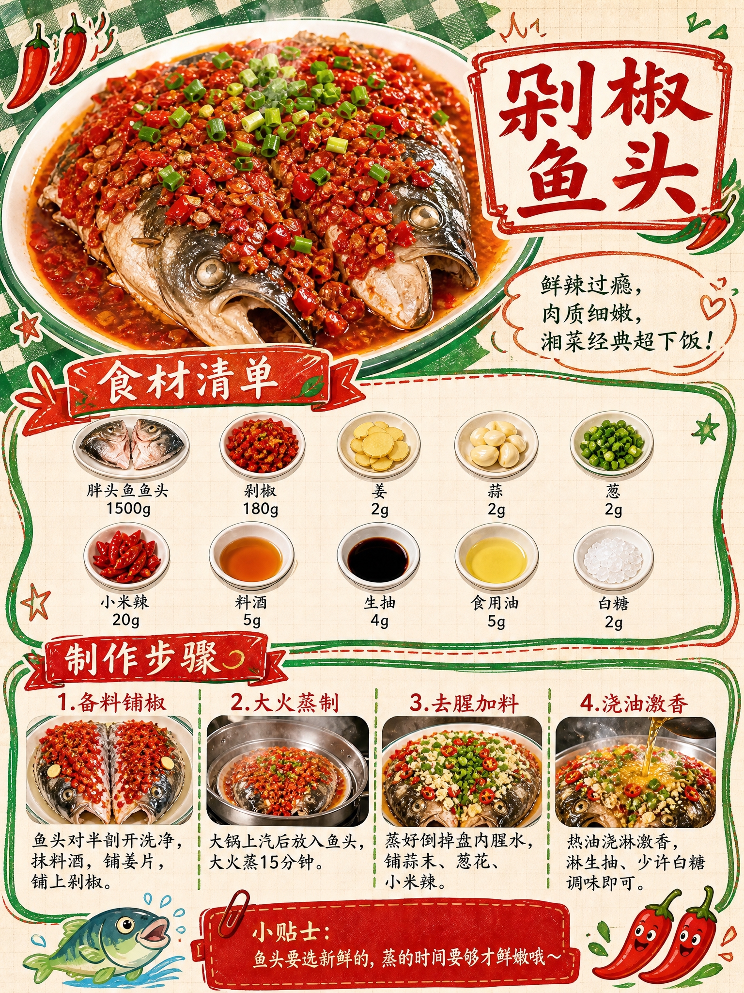 参照参考图的版式骨架，重新设计一款剁椒鱼头的菜谱制作步骤海报，… - 图片创意预览