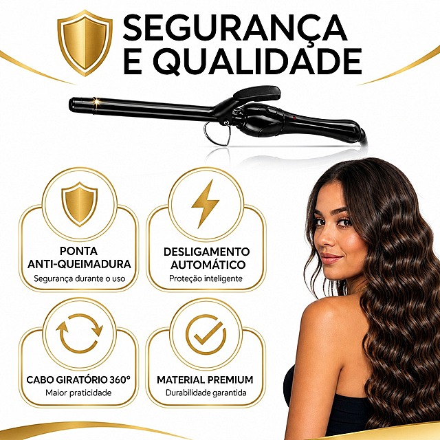 Página de segurança premium estilo salão de beleza, fundo branco puro. Título elegante no topo: "SEGURANÇA E QUALIDADE" em preto com ícone de escudo dourado. 4 selos de segurança com borda dourada dupla, em grade 2x2, cada um com ícone dourado e texto elegante: 1) 🛡️ PONTA ANTI-QUEIMADURA - Segurança durante o uso, 2) ⚡ DESLIGAMENTO AUTOMÁTICO - Proteção inteligente, 3) 🔄 CABO GIRATÓRIO 360° - Maior praticidade, 4) ✅ MATERIAL PREMIUM - Durabilidade garantida. Modelador de cachos triplo preto no centro superior com reflexo dourado. Mulher brasileira sorrindo elegantemente no canto inferior direito, com cabelo ondulado perfeito. Estilo confiável e luxuoso, textos em português brasileiro, proporção 1:1, 4K