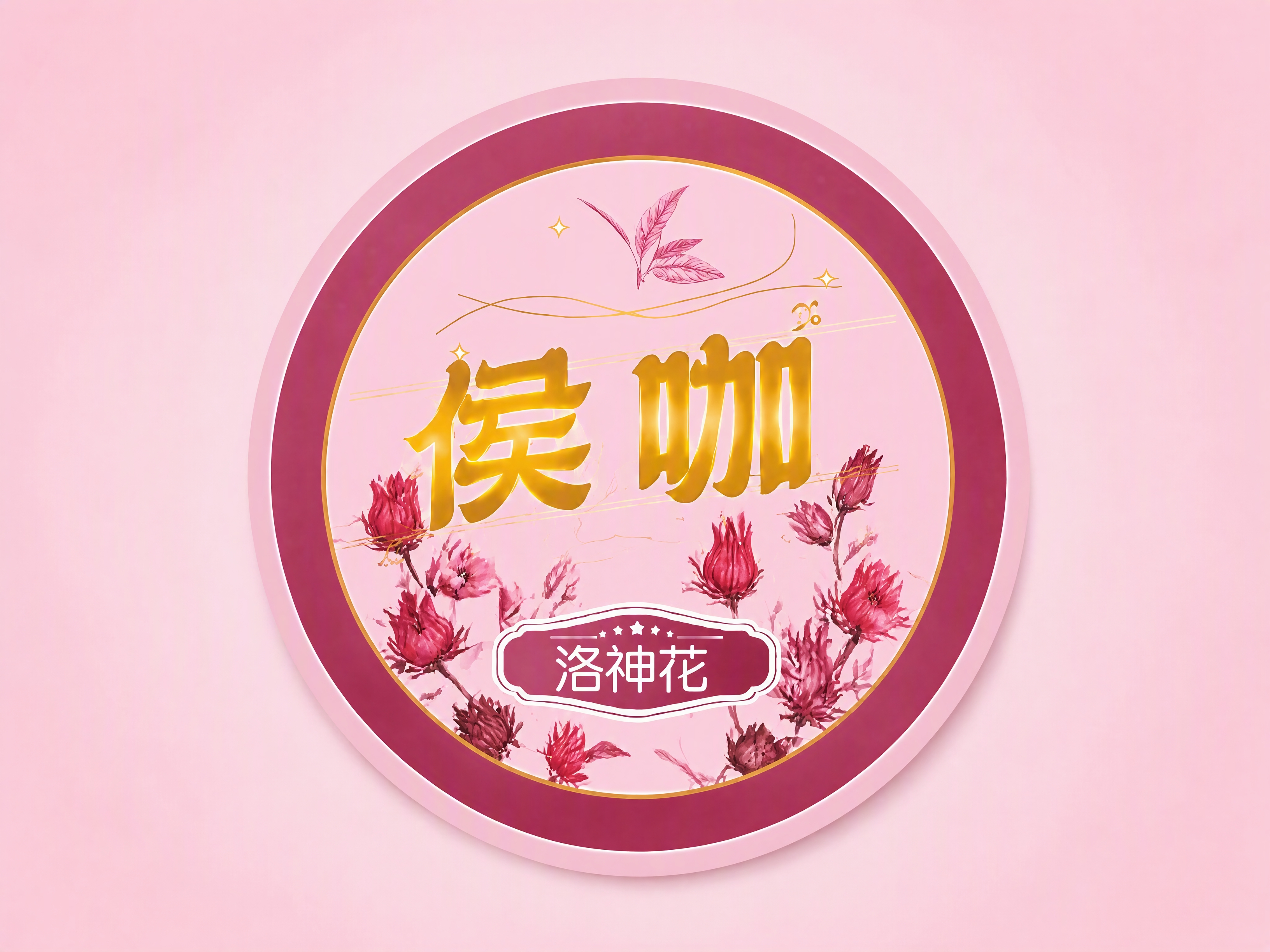 保持原图圆形洛神花标签设计完全不变：深玫红色外圈圆环+金色内圈… - 图片创意预览