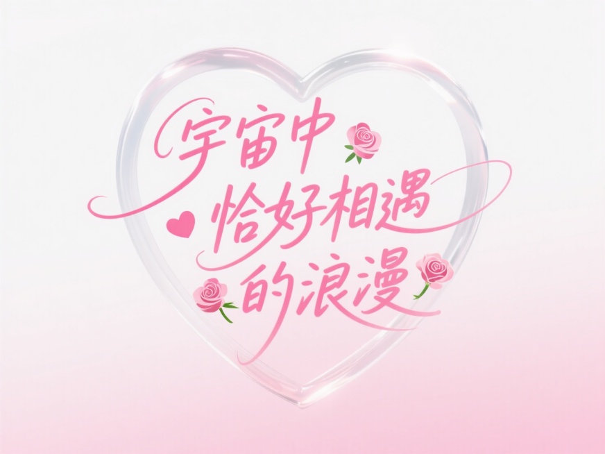 文字“宇宙中 恰好相遇 的浪漫”，文字穿插点缀爱心和玫瑰图案。高级感，粉红色渐变字体，背景白色粉色渐变，字体后是空心的玻璃质感的爱心圈预览效果