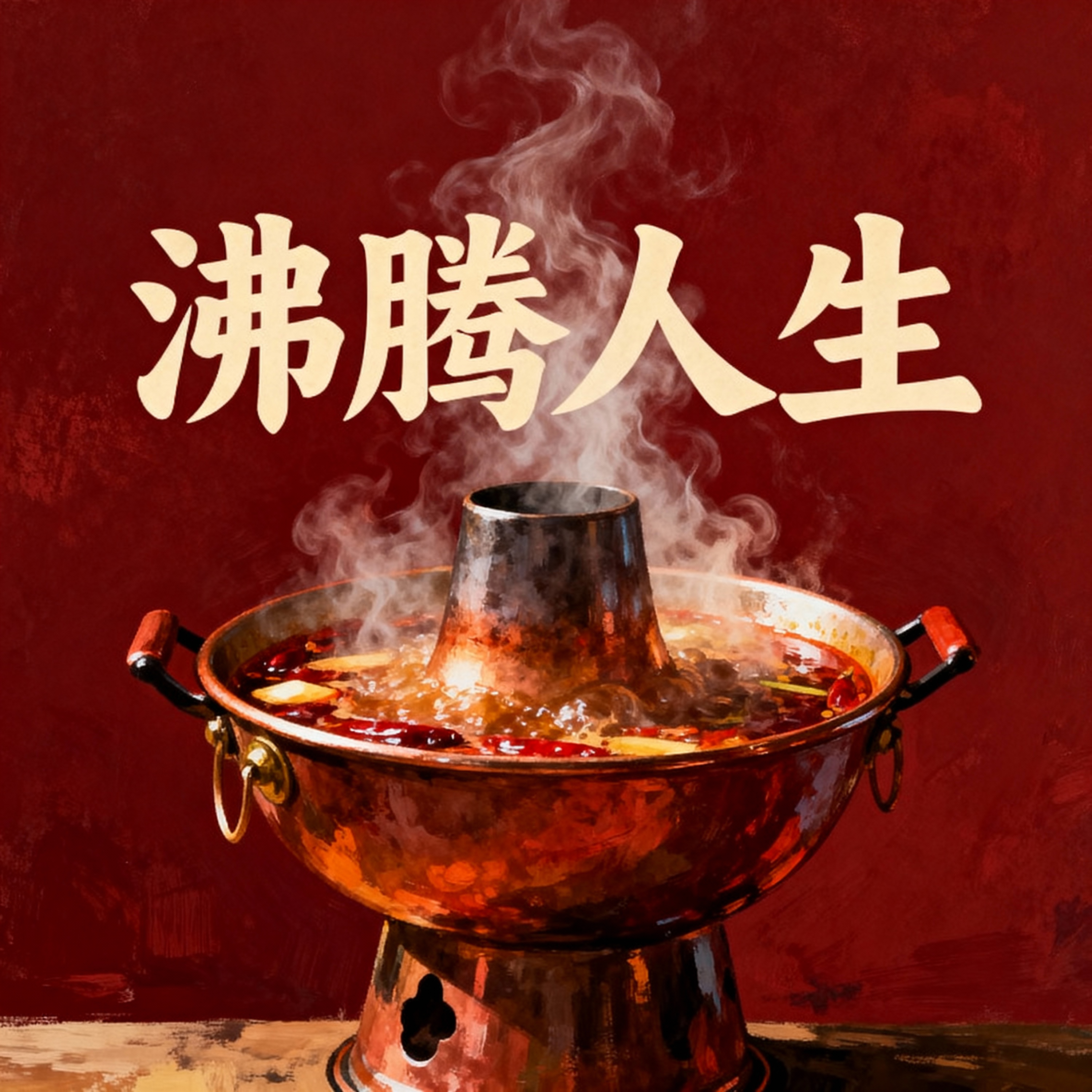 底色为深红色，中间一个火锅，火锅上方有沸腾人生的字 - 图片创意预览