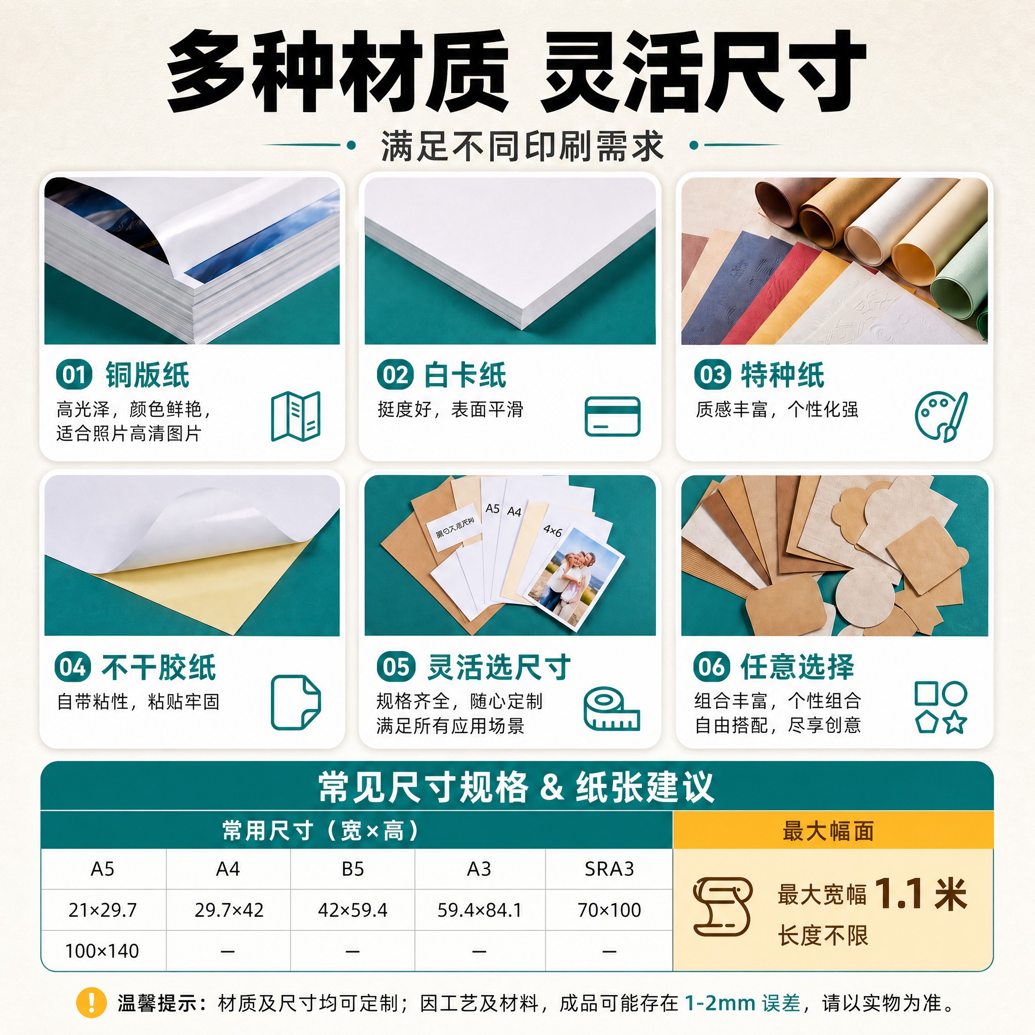 [主图-4] 主题：多种材质灵活尺寸，展示材质选择和规格参数，… - 图片创意预览
