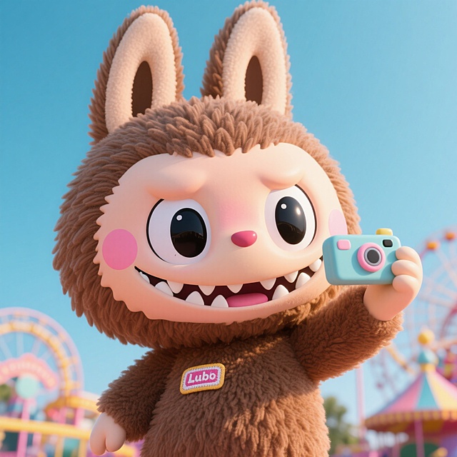 角色（拉布布，大统领，泡泡玛特，卡通风格，拟人化角色，兔子耳朵，棕色毛发，大眼睛，黑色瞳孔，尖牙齿，粉红色脸颊，小布标，3D卡通，毛绒玩偶）。行为：游乐园拍照